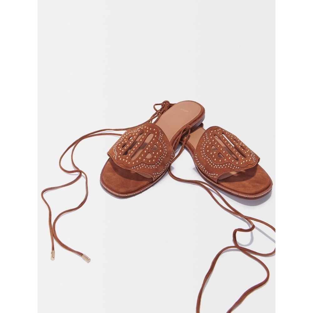 NIB Maje Fiouclover Flat Studded Suede Sandals Camel Brown Clover US 5.5 / FR 36